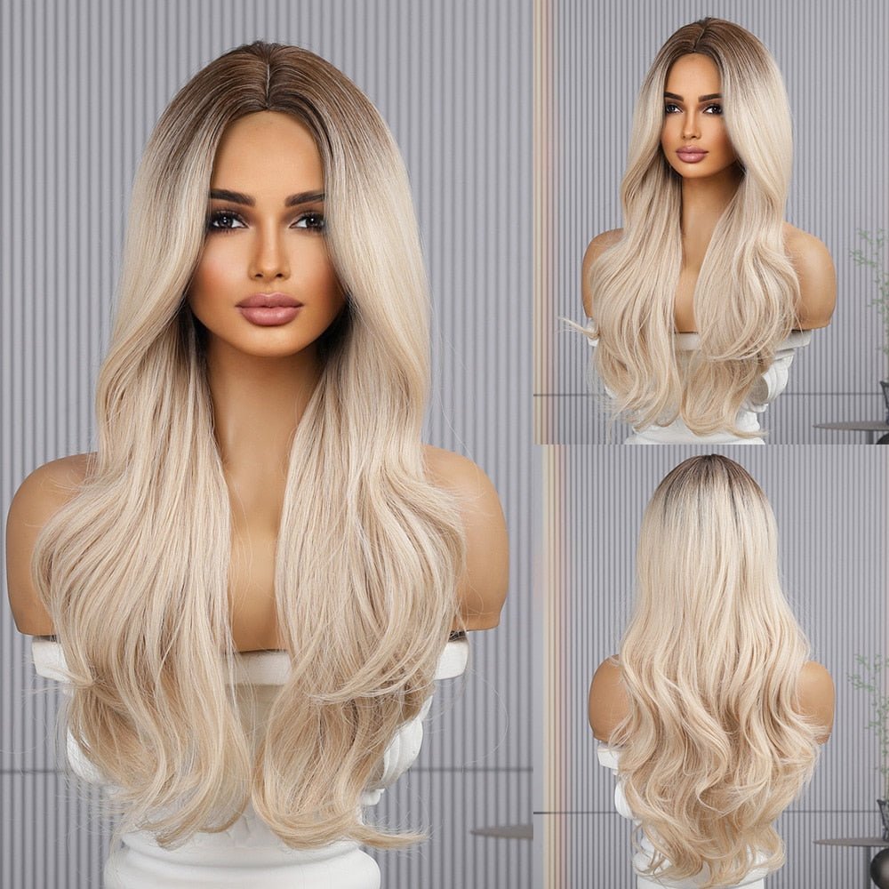 Ash Blonde Brown Root Long Wavy Synthetic Wig - HairNjoy