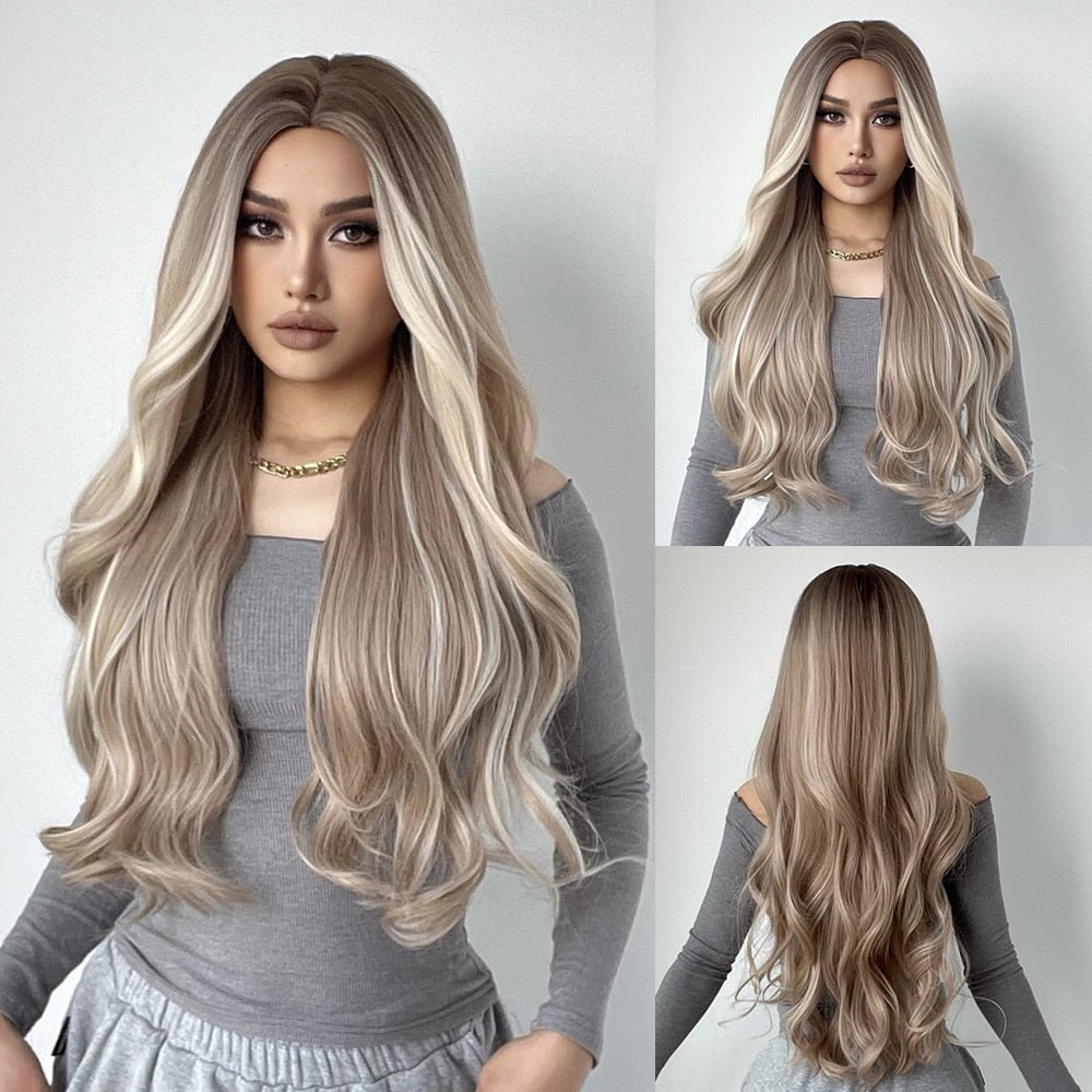 Ash Blonde High Lights Long Wavy Synthetic Wig - HairNjoy