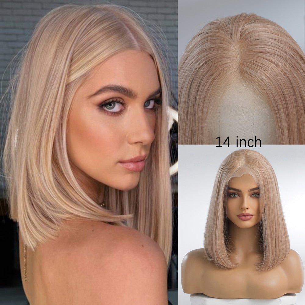 Ash Blonde Highlight Remy Human Hair Bob Lace Front Wig - HairNjoy