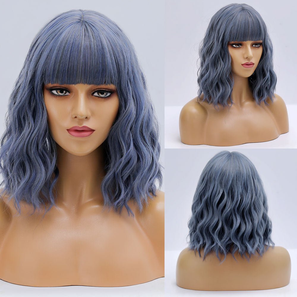Ash Blue Bob Body Wave Synthetic Wigs with Bangs - HairNjoy