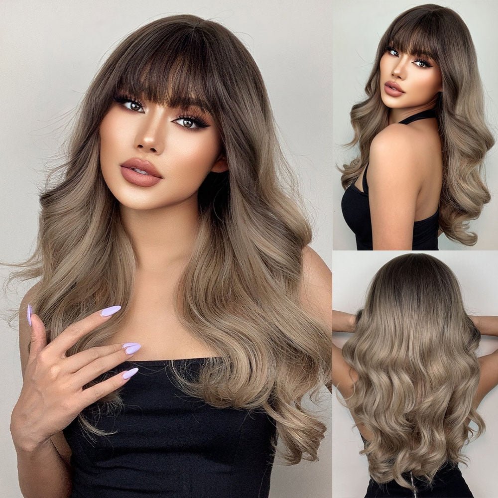 Ash Brown Wavy Wigs with Bangs - HairNjoy