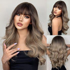 Ash Brown Wavy Wigs with Bangs - HairNjoy