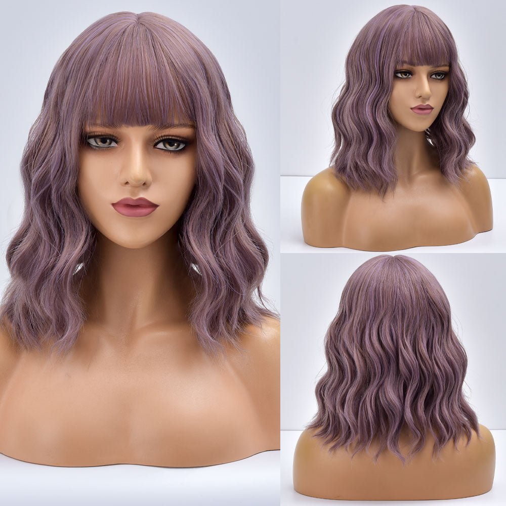 Ash Purple Bob Body Wave Synthetic Wigs with Bangs - HairNjoy
