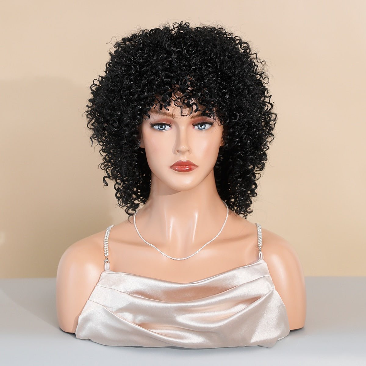 Black Short Curly Synthetic Wig with Bangs - HairNjoy