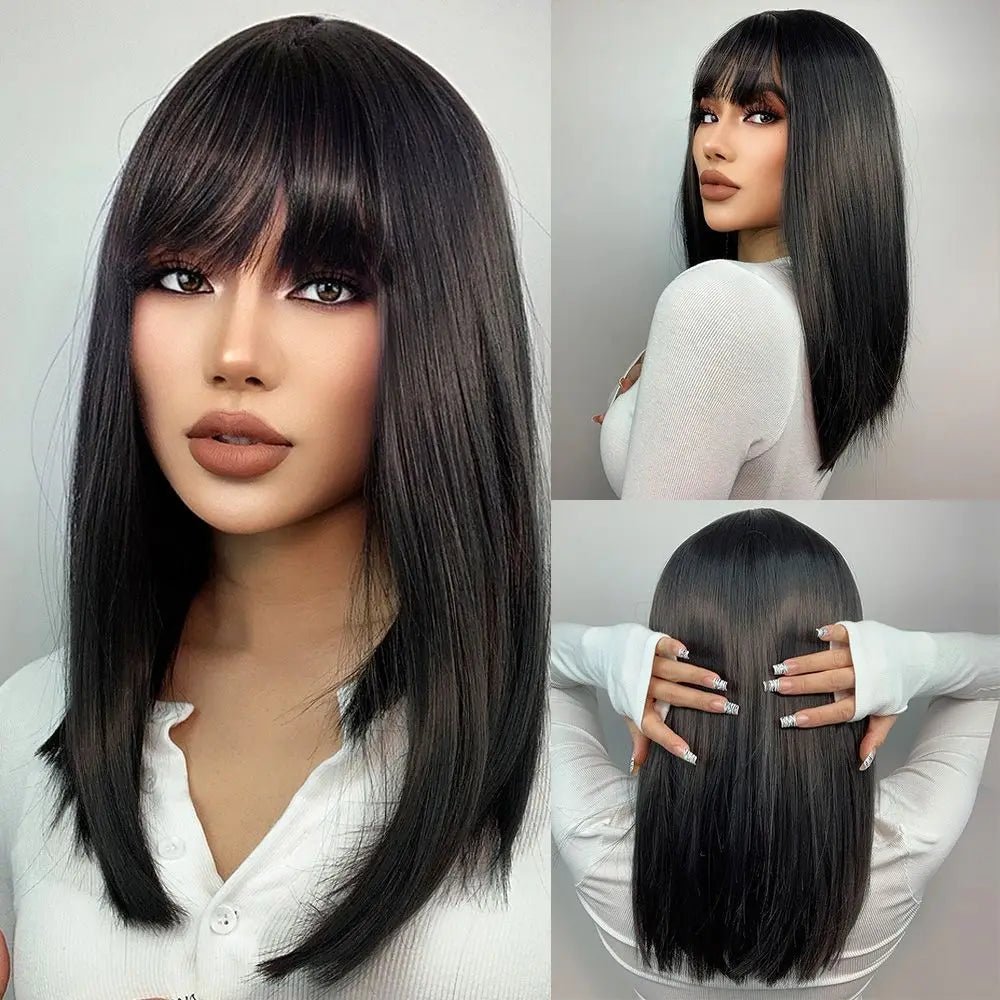 Black Straight Synthetic Hair With Bangs - HairNjoy
