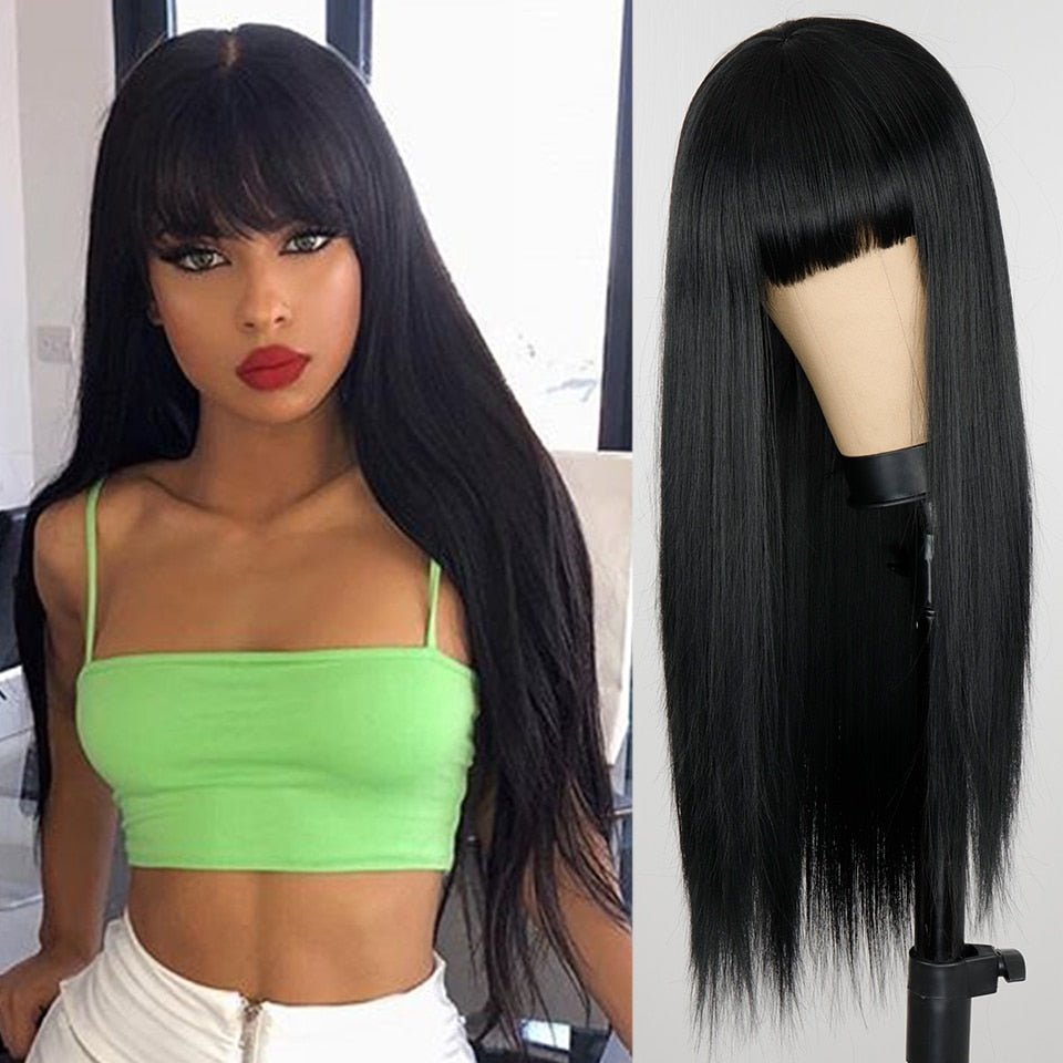 Black Straight Wig with Bangs - HairNjoy