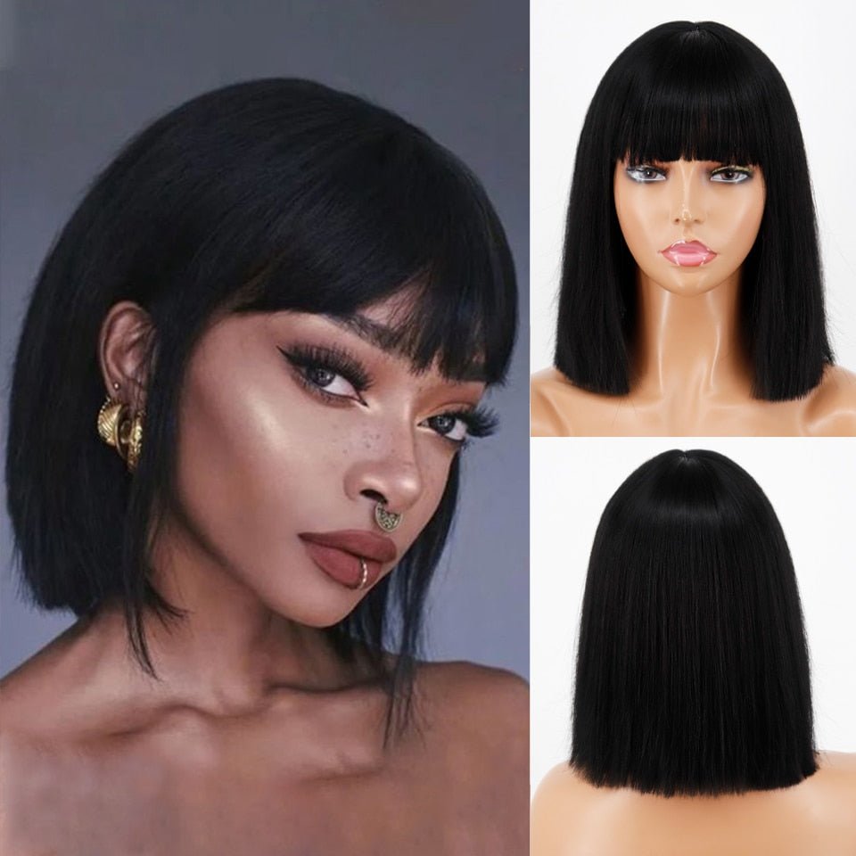 Black Straight Wig with Bangs - HairNjoy