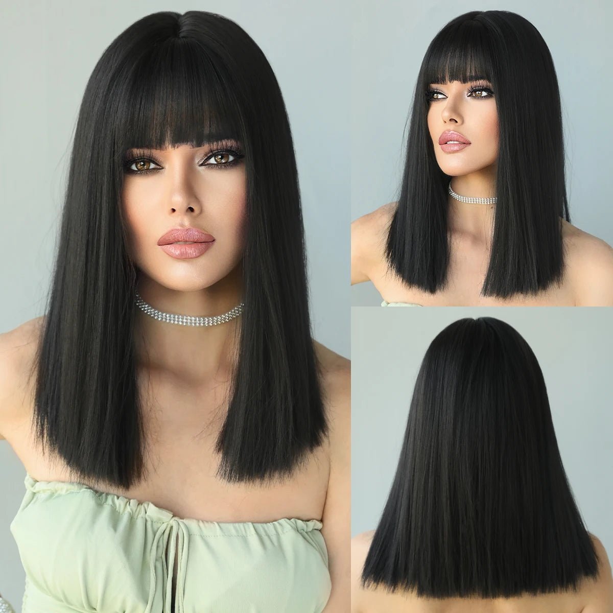 Black Straight with Bangs Synthetic Wigs - HairNjoy
