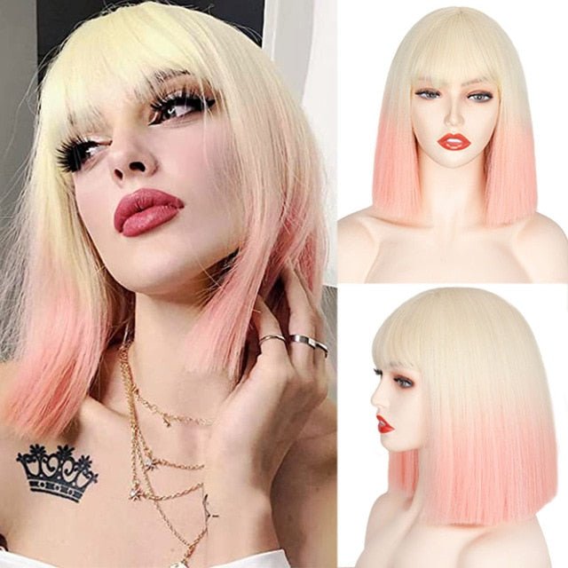 Blonde Pink Straight Wig with Bangs - HairNjoy