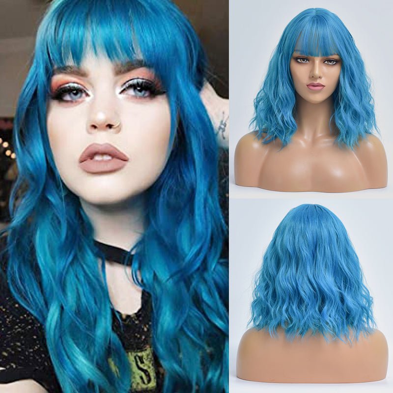 Blue Bob Body Wave Synthetic Wigs with Bangs - HairNjoy