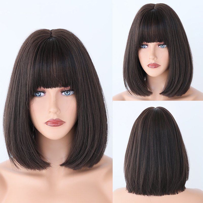 Blue Gray Brown Bob Synthetic Wig with Bangs - HairNjoy