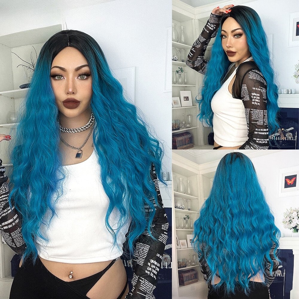 Blue Long Wavy Synthetic Wigs - HairNjoy