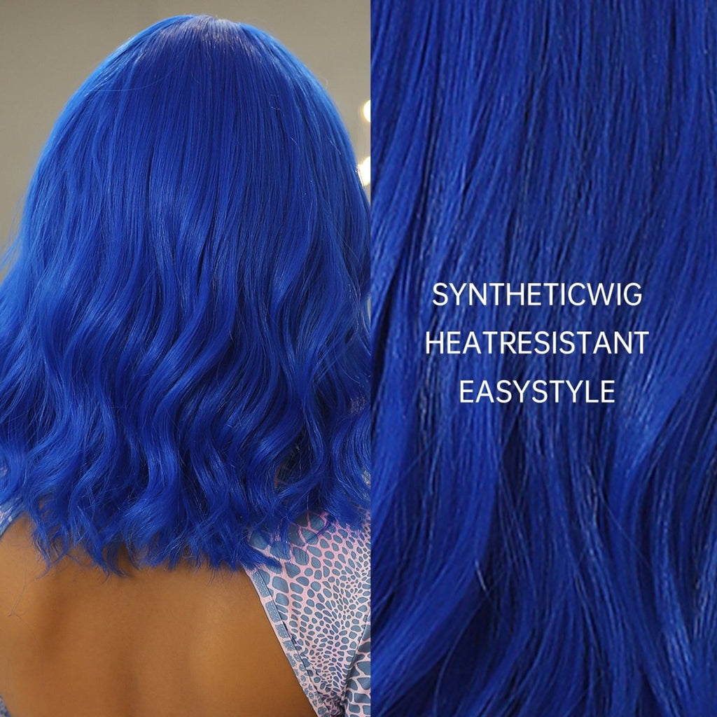 Blue Short Wavy Wig with Bangs - HairNjoy