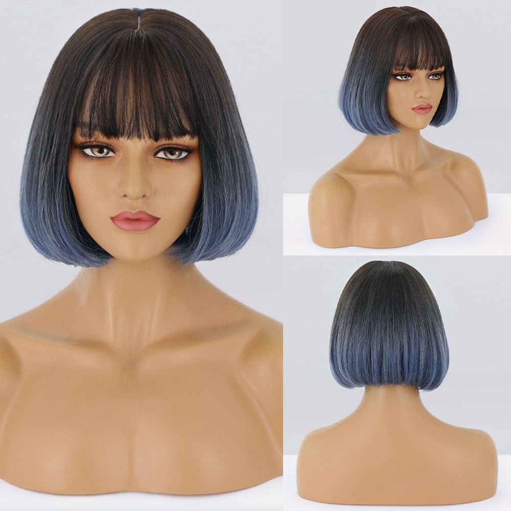 Blue Straight Bob Synthetic Wig with Bangs - HairNjoy