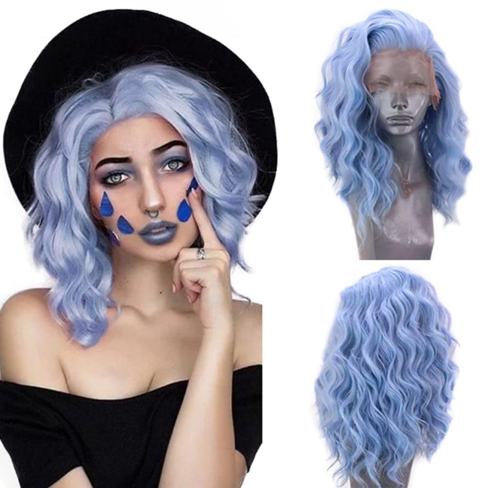 Blue Wavy Curly Synthetic Lace Front Wigs - HairNjoy