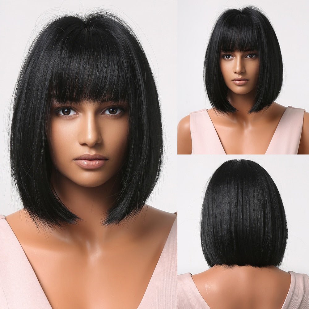 Bob Black Straight Synthetic Wigs with Bangs - HairNjoy