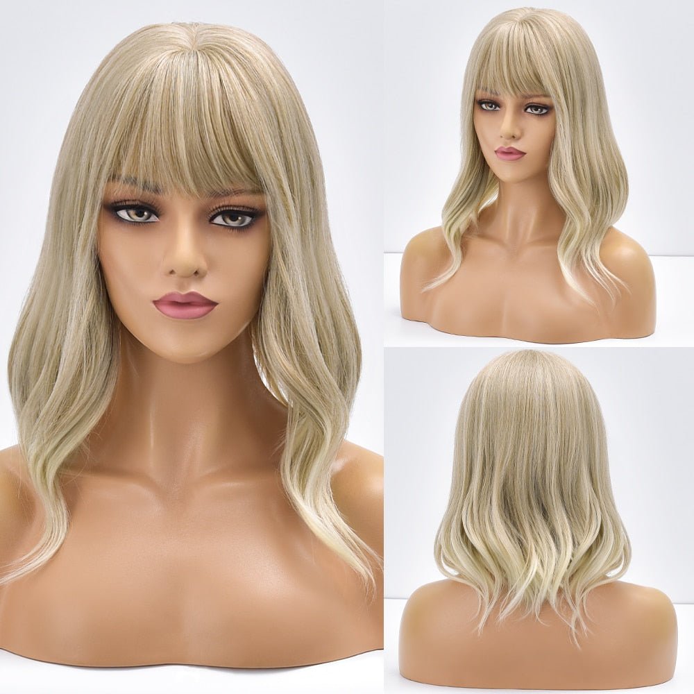 Bob Blonde Wavy Synthetic with Bangs - HairNjoy