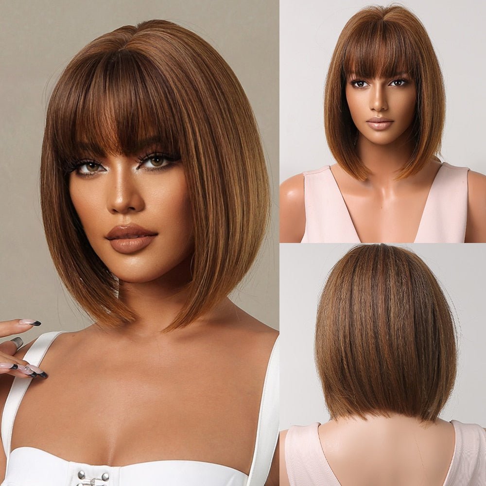 Bob Brown Straight Synthetic Wigs with Bangs - HairNjoy