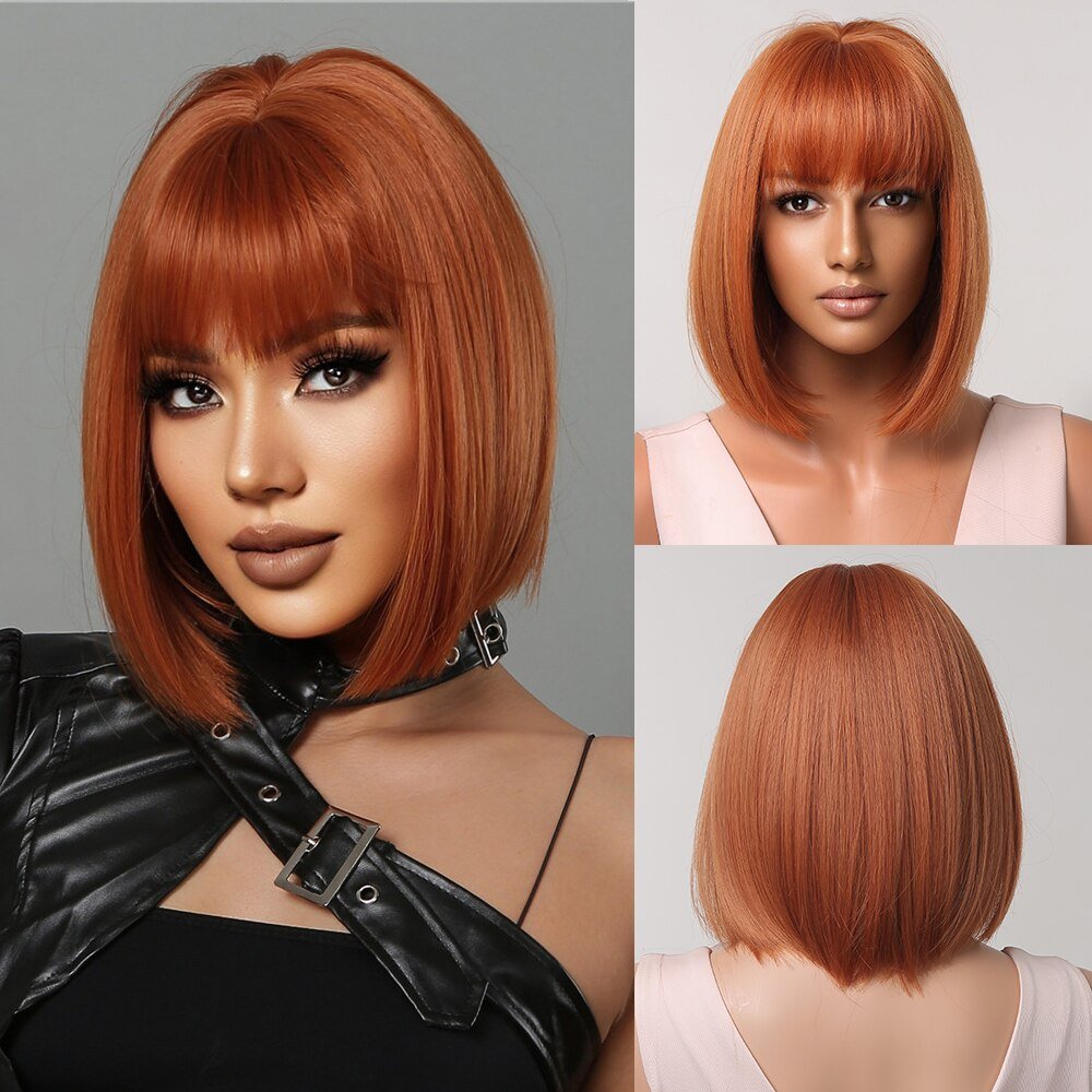 Bob Ginger Straight Synthetic Wigs with Bangs - HairNjoy