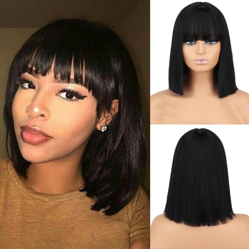 Bob straight black synthetic wig with bangs - HairNjoy