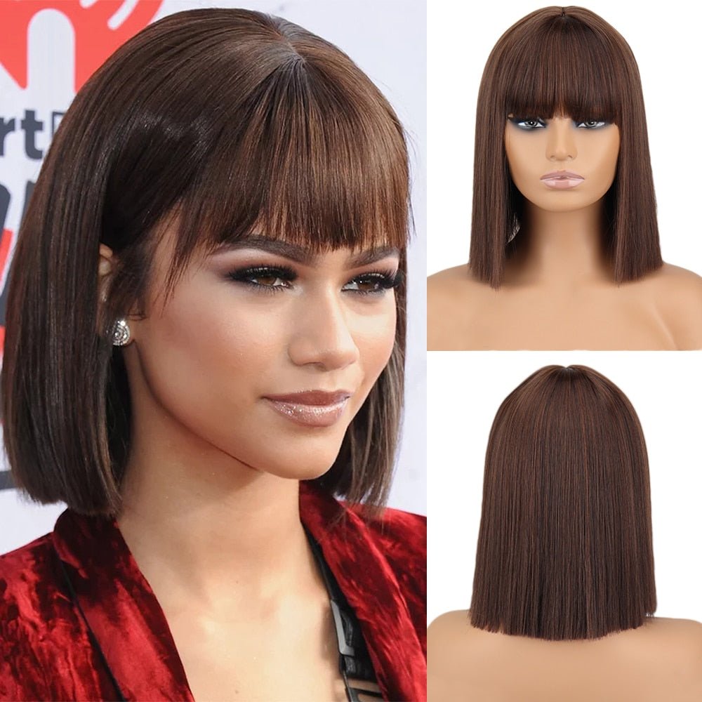 Bob Straight Brunette Wig with Bangs - HairNjoy