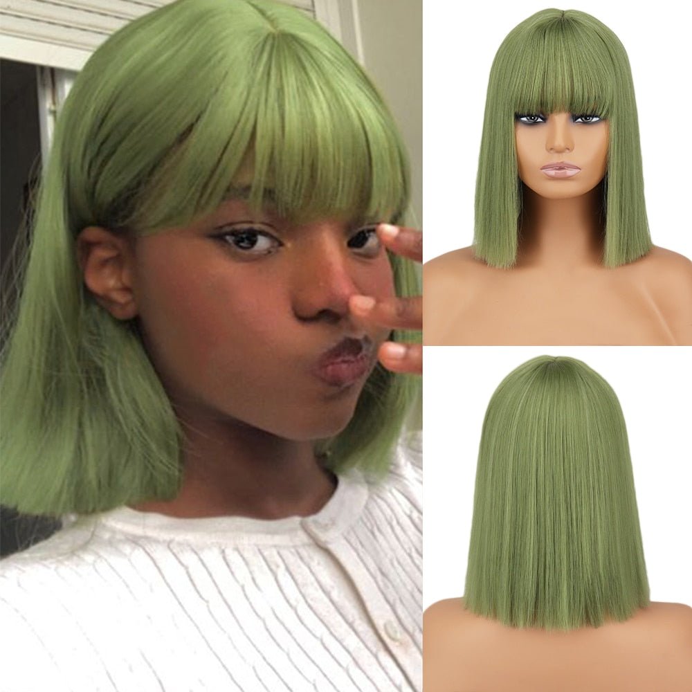 Bob straight Emerald Green wig with bangs synthetic cosplay wig - HairNjoy