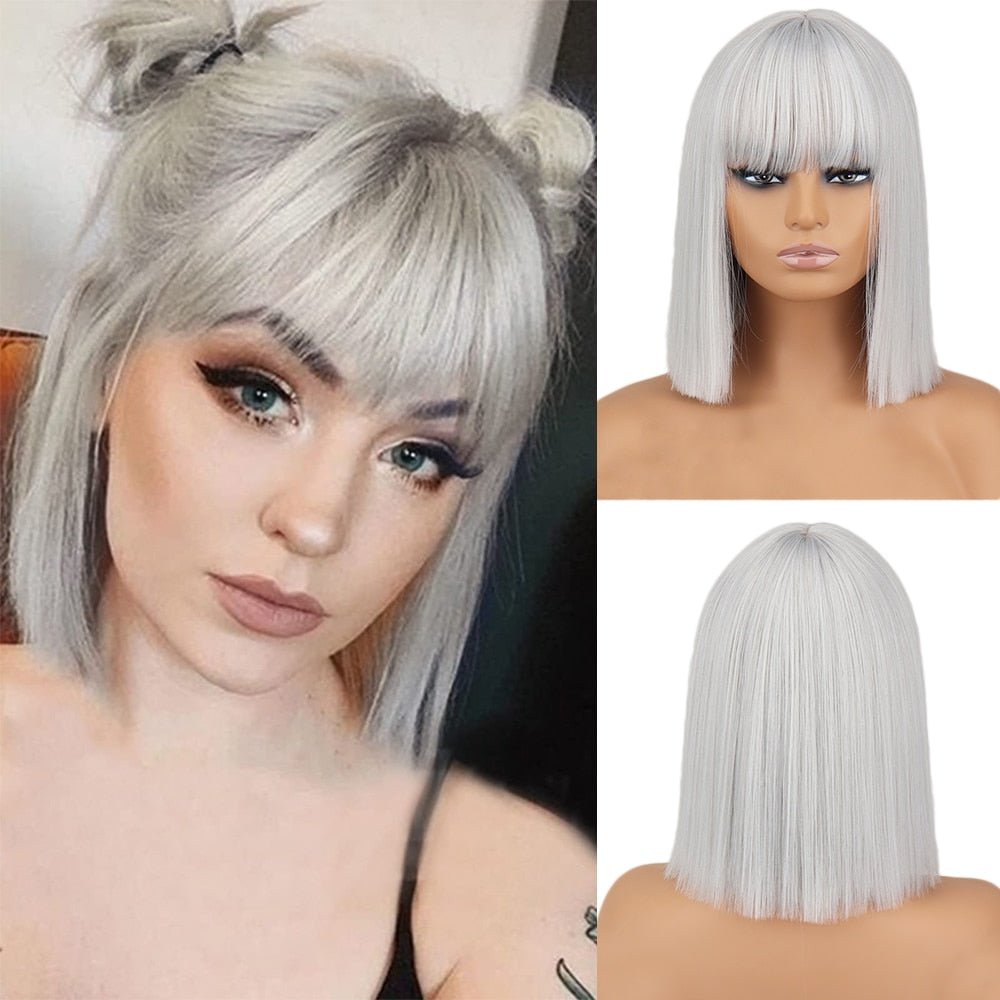 Bob straight gray wig with bangs synthetic cosplay wig - HairNjoy