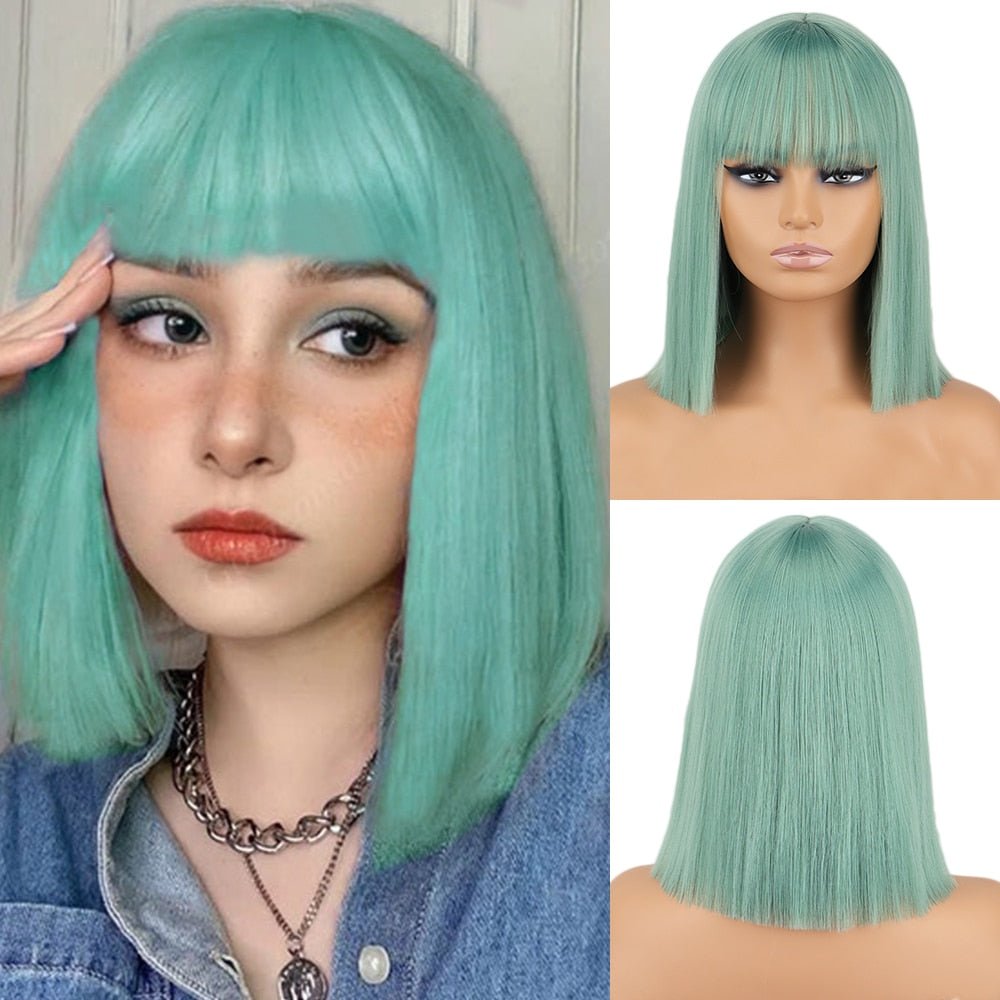 Bob Straight Light Emerald wig with bangs synthetic cosplay wig - HairNjoy