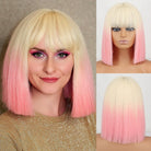 Bob Straight Ombre blonde pink wig with bangs synthetic cosplay wig - HairNjoy