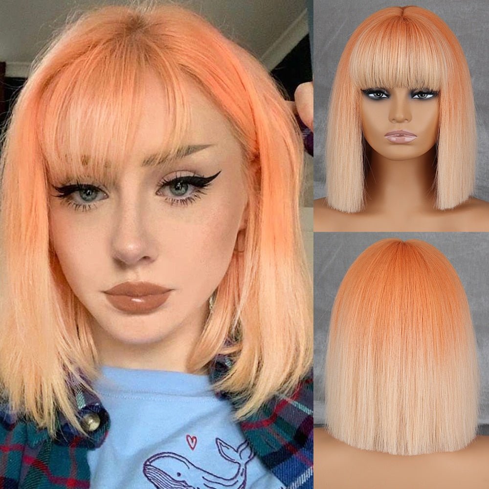 Bob Straight Ombre orange wig with bangs synthetic cosplay wig - HairNjoy