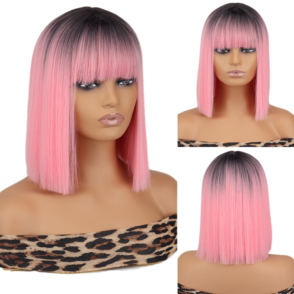 Bob straight ombre pink wig with bangs synthetic cosplay wig - HairNjoy