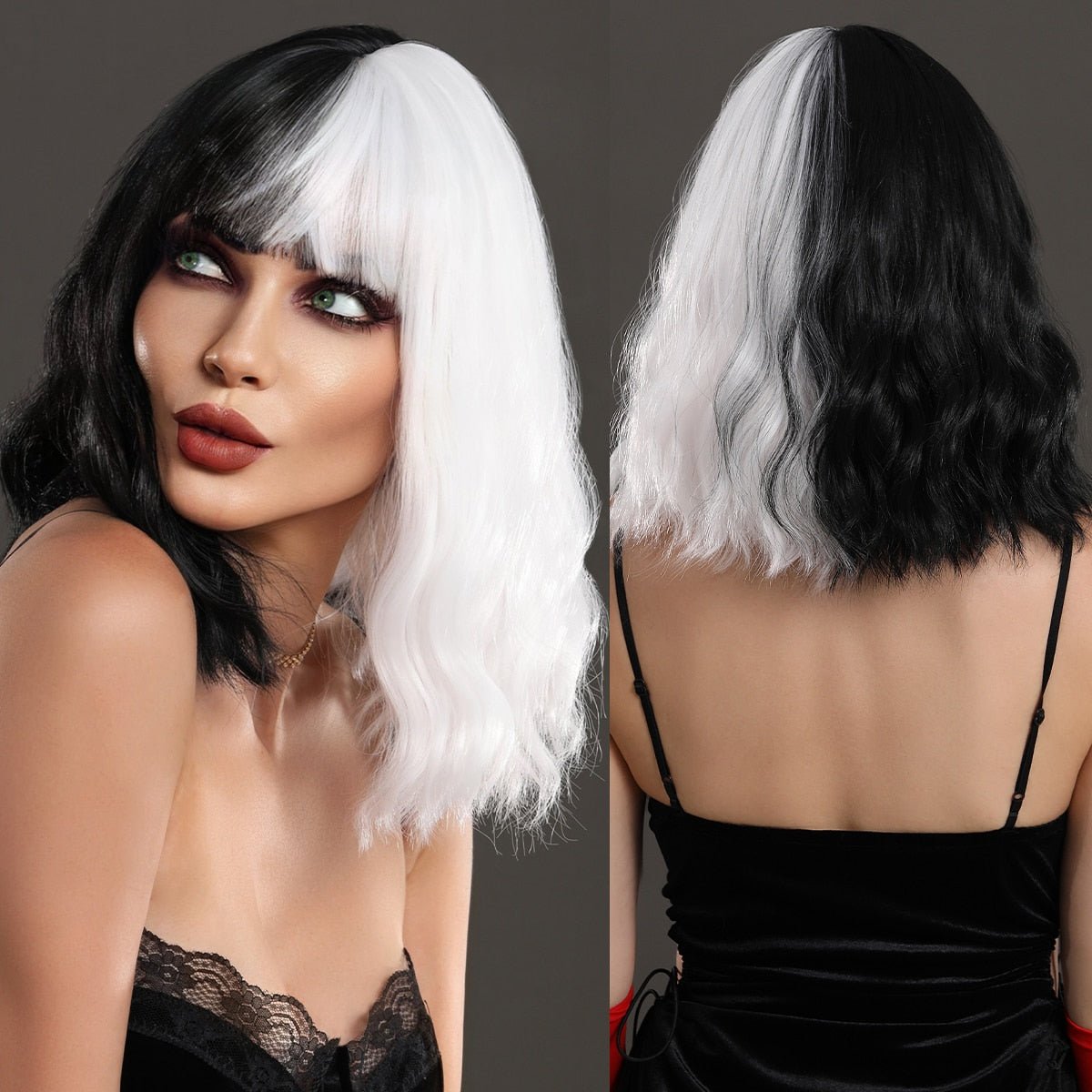 Bob Wavy Black and White Medium Synthetic Wig with Bangs - HairNjoy