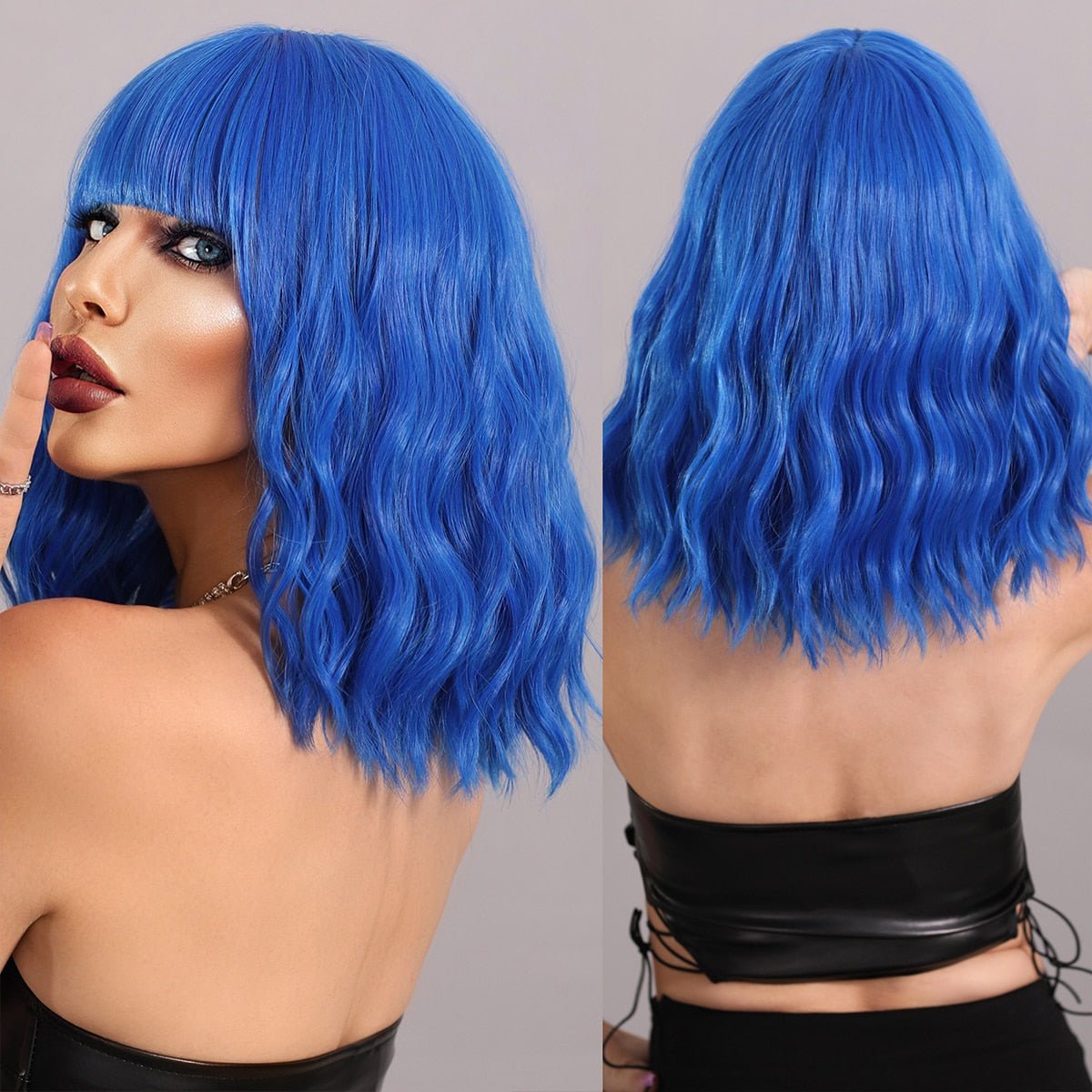 Bob Wavy Blue Synthetic Wig with Bangs - HairNjoy