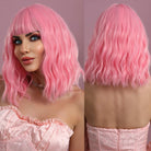 Bob Wavy Pink Synthetic Wig with Bangs - HairNjoy