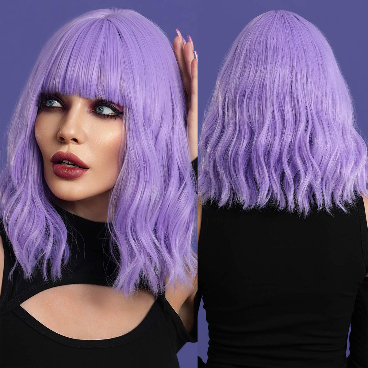Bob Wavy Purple Synthetic Wig with Bangs - HairNjoy
