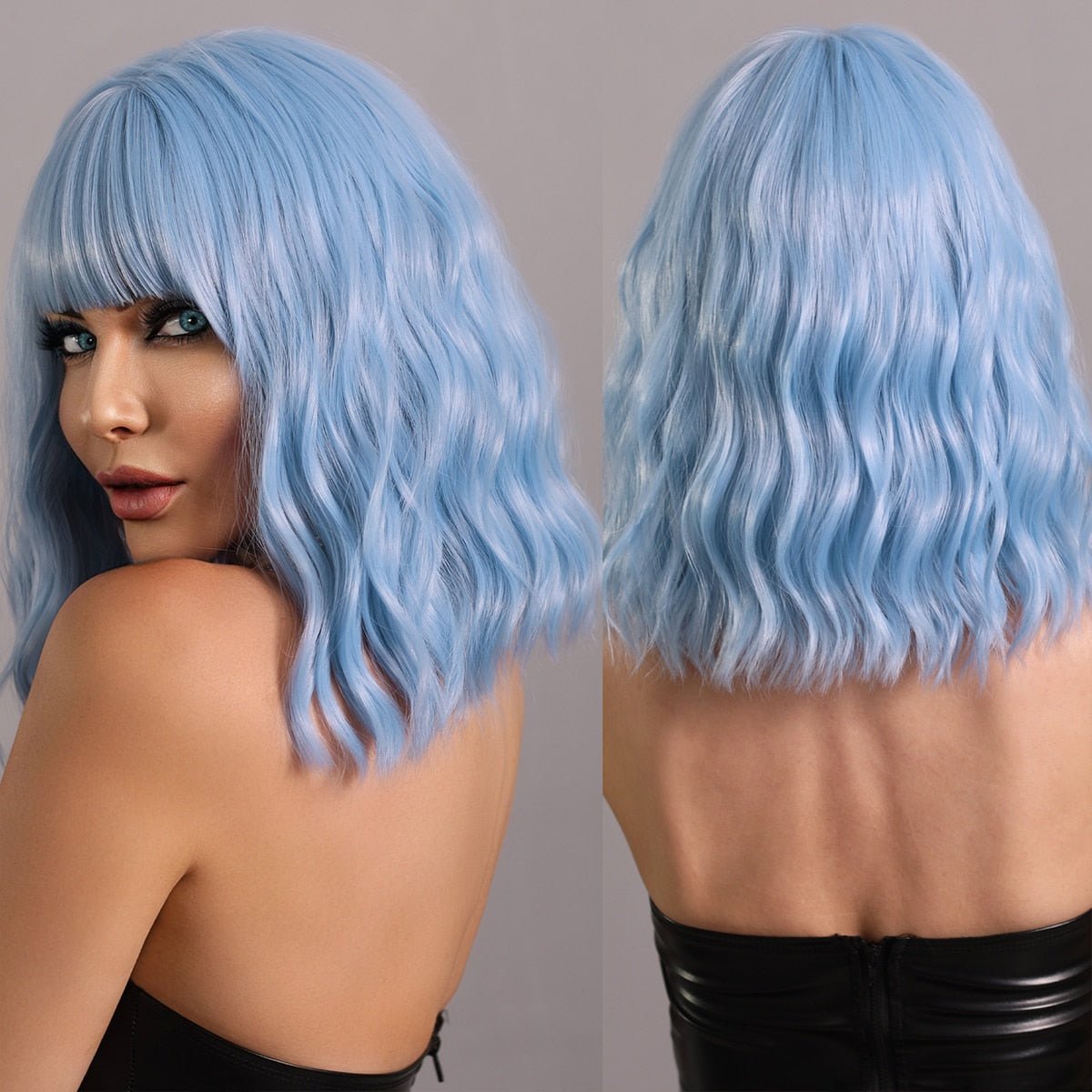 Bob Wavy Sea Blue Synthetic Wig with Bangs - HairNjoy