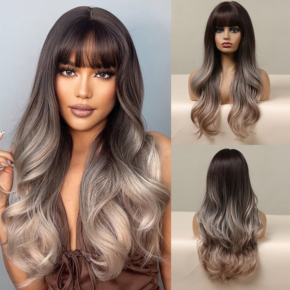 Browm Grey Colored Long Wavy Synthetic Wigs - HairNjoy