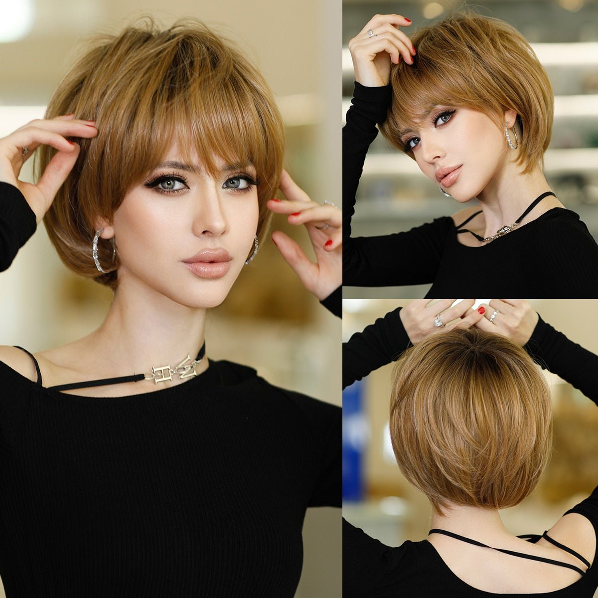 Short Brown Bob Straight Synthetic Wig With Bangs main image 1