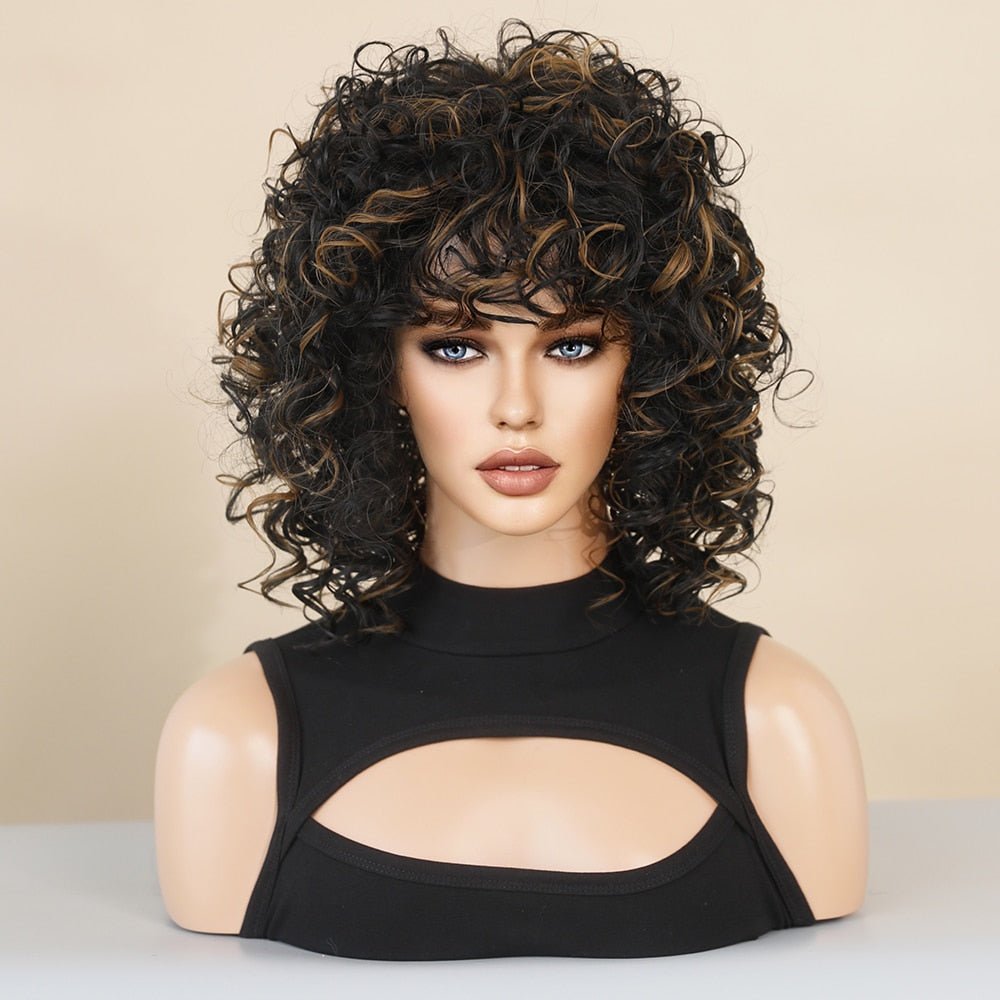 Brown High Lights Curly Synthetic Wig with Bangs - HairNjoy