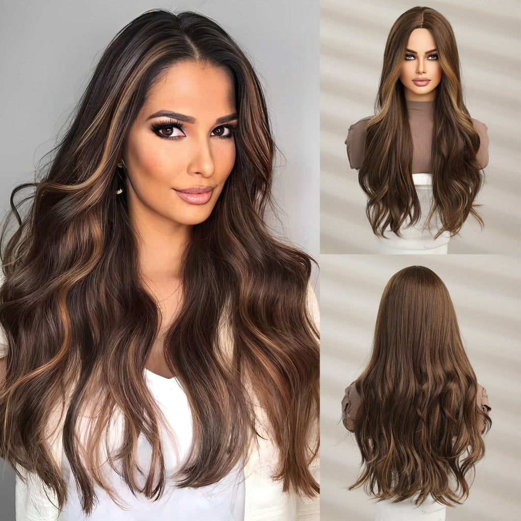 Brown High Lights Long Wave Synthetic Wig - HairNjoy