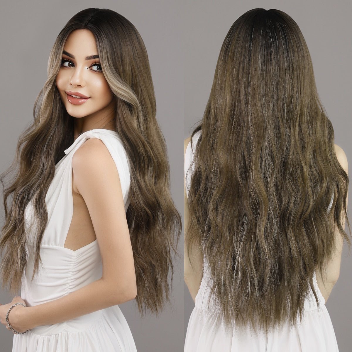 Brown High Lights Synthetic Long Wig - HairNjoy