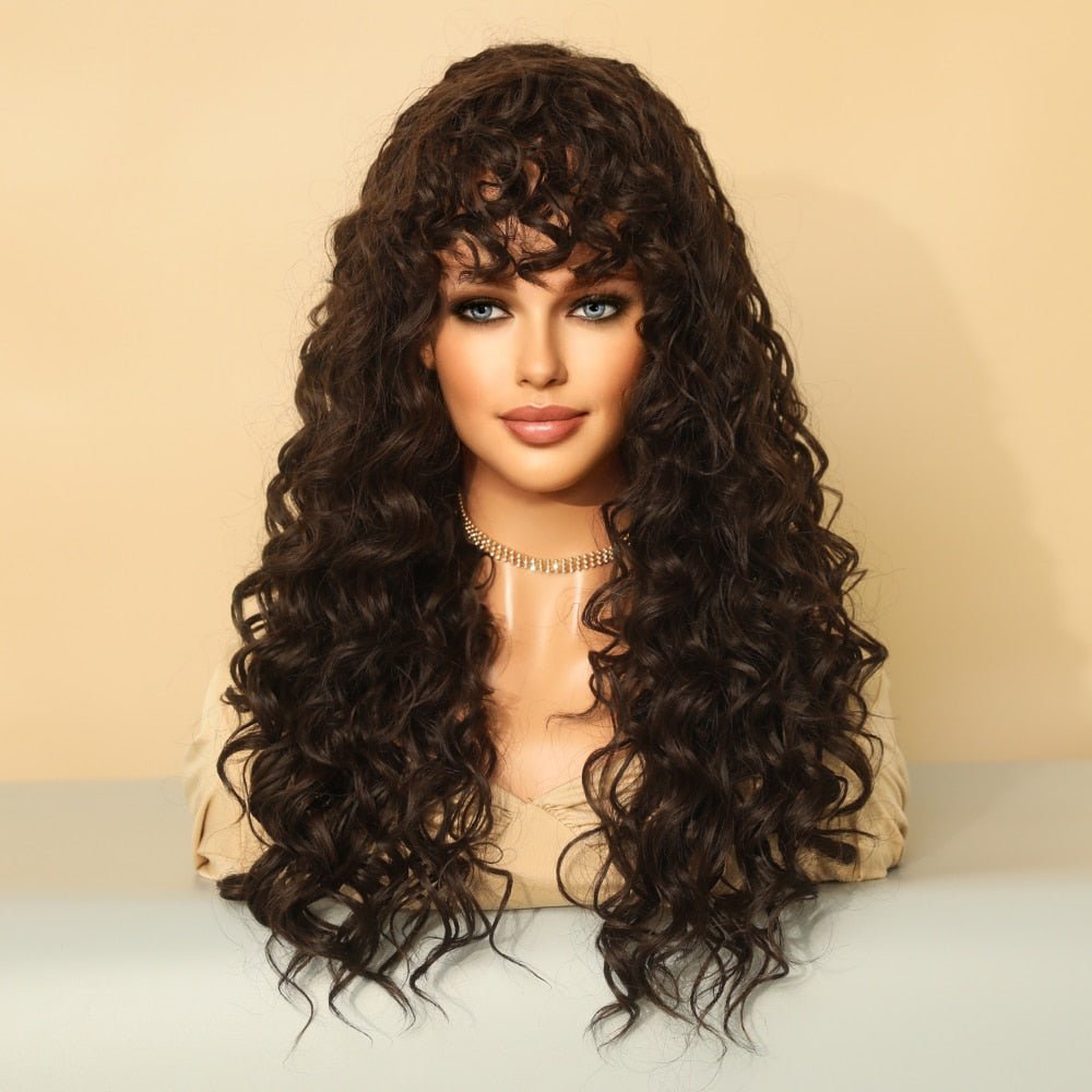 Brown Long Curly Synthetic Wig with Bangs - HairNjoy