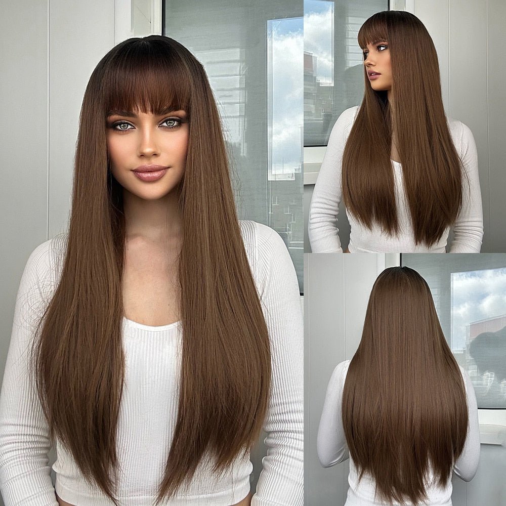 Brown Long Straight with Bangs Synthetic Wig - HairNjoy