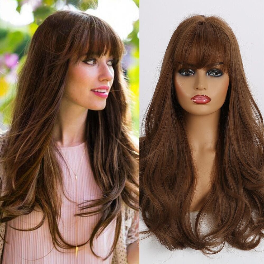 Brown Long Wavy Wigs with Bangs - HairNjoy