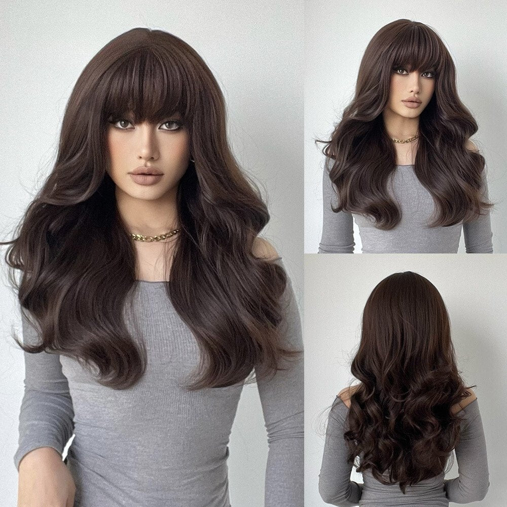 Brown Long Wavy with Bangs Synthetic Wig - HairNjoy