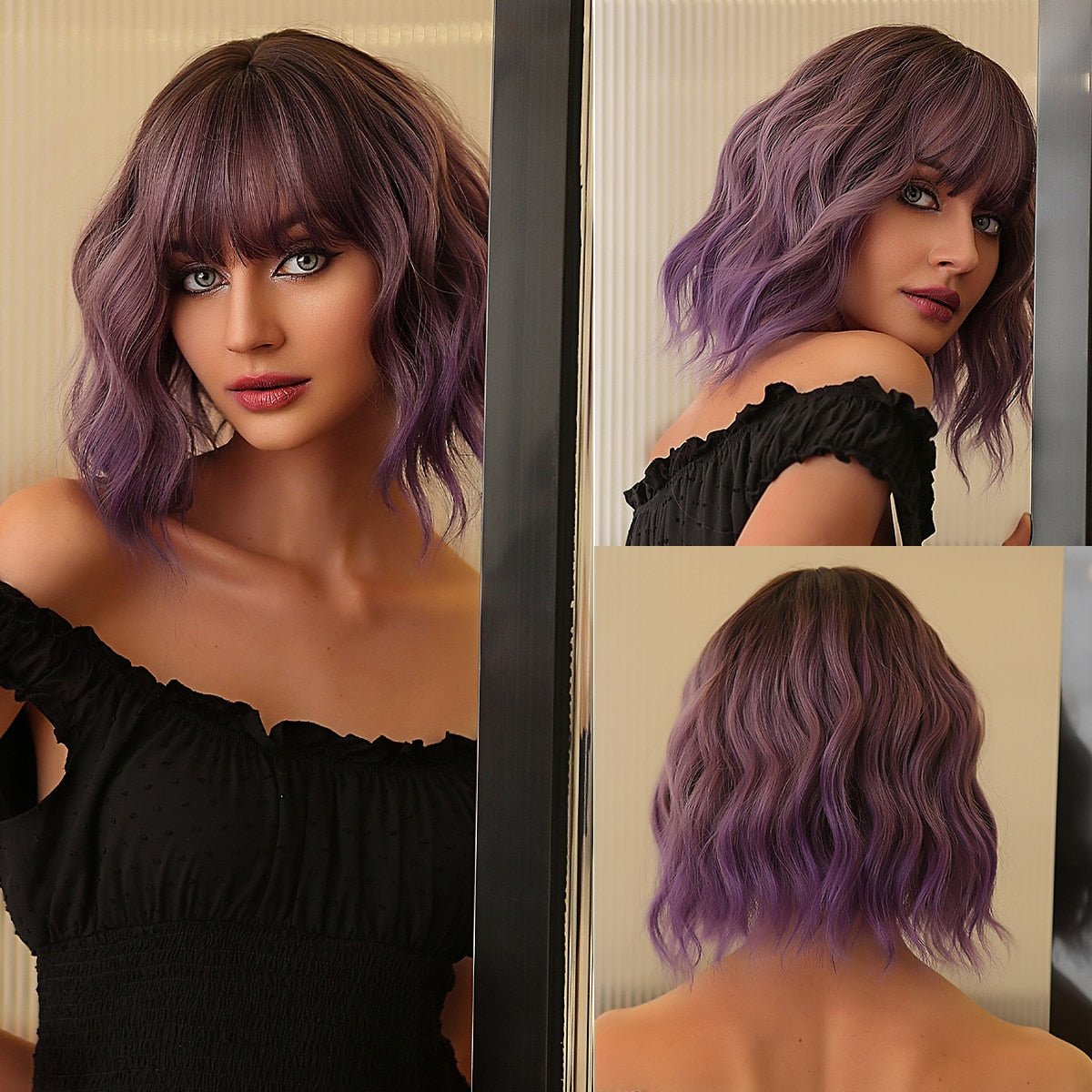 Brown Root Purple Short Wig with Bangs - HairNjoy