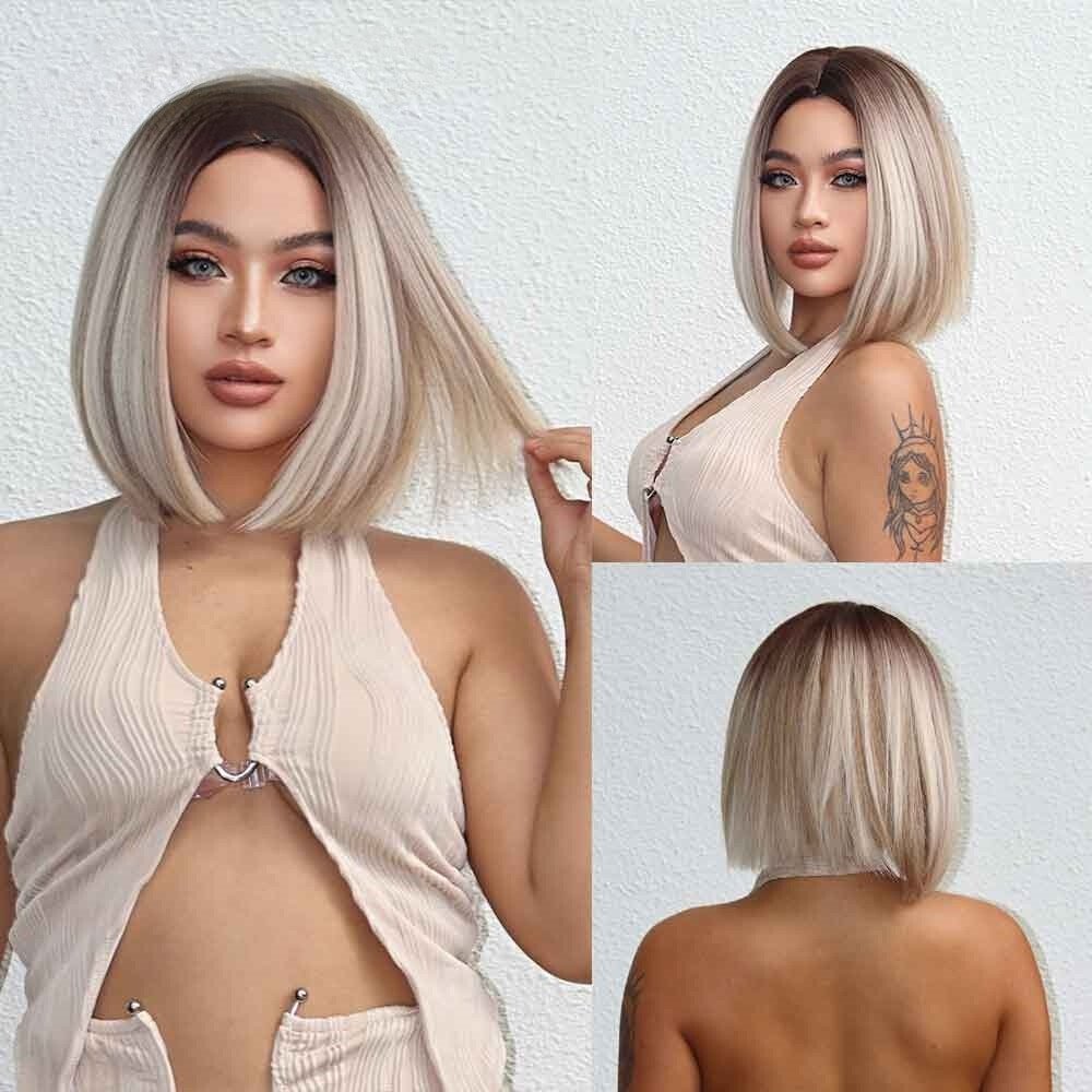 Brown Root Short White Blonde Synthetic Wigs - HairNjoy