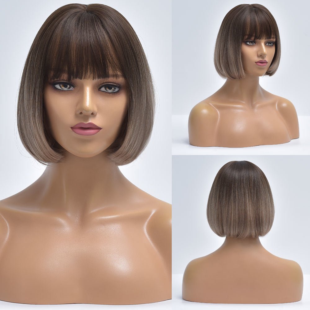 Brown Short Straight Bob Synthetic Wig with Bangs - HairNjoy