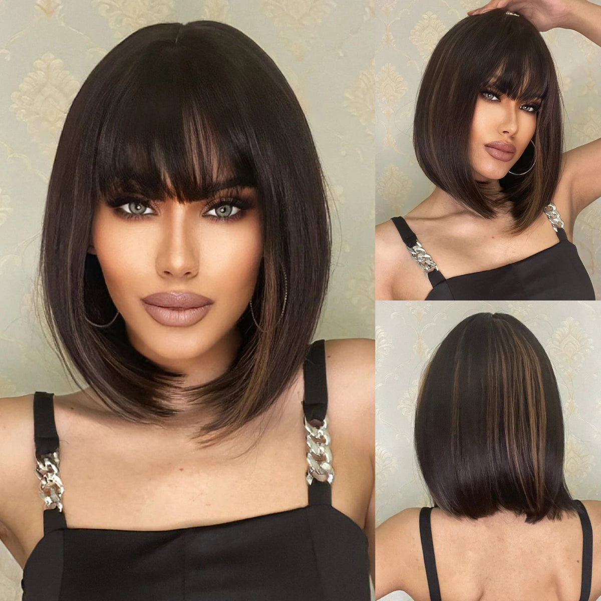 Brown with Bangs Synthetic Short Wigs - HairNjoy