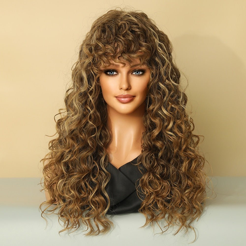 Curly Brown High Lights Synthetic Wig with Bangs - HairNjoy